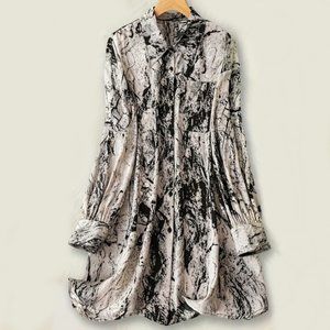Marble Print Long-Sleeve Challis Blouse/Mini Dress with Front Pocket